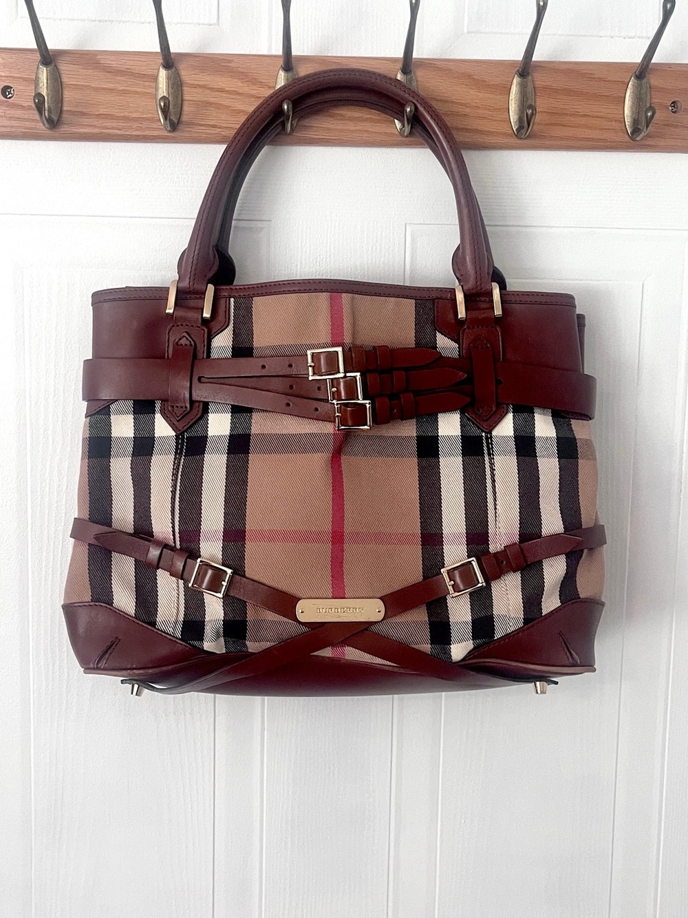 Authentic Burberry Bridle Lynher Tote - House Check & Leather  - Medium - GUC